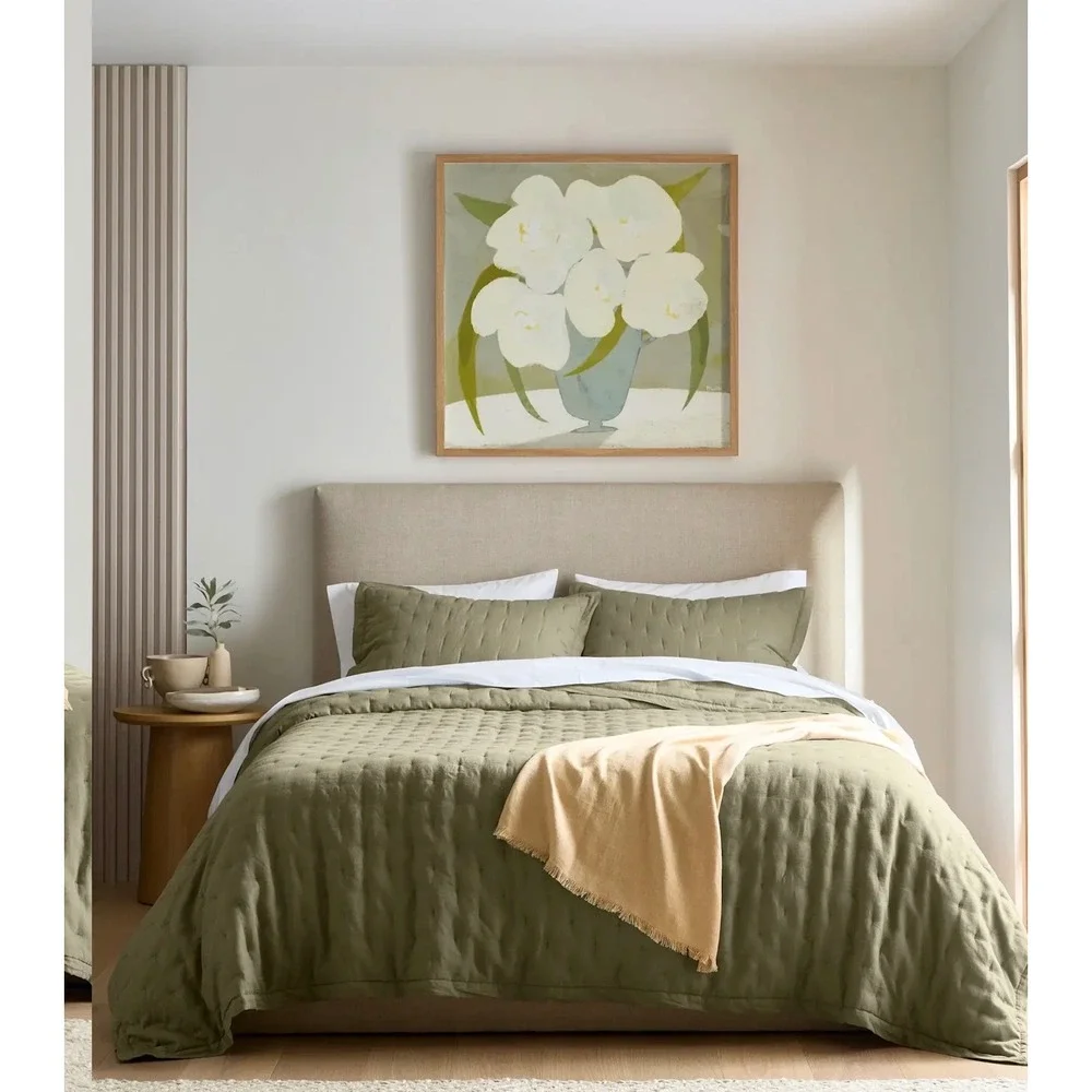 Quince European Linen Dream Quilt Twin Willowleaf Green Hand Stitched NWOT